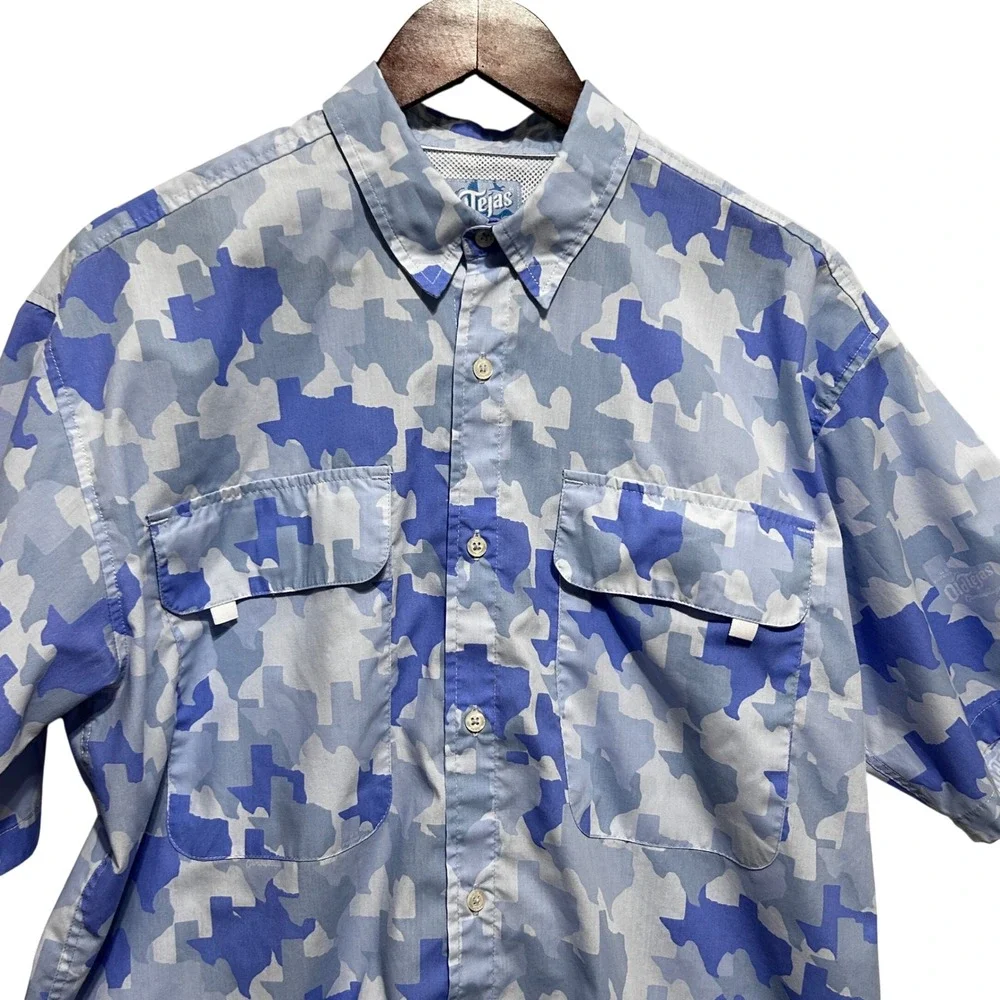 Tejas Mens Fishing Shirt L‎ Blue Texas Camo Western Ranchcore Outdoor Button Up
